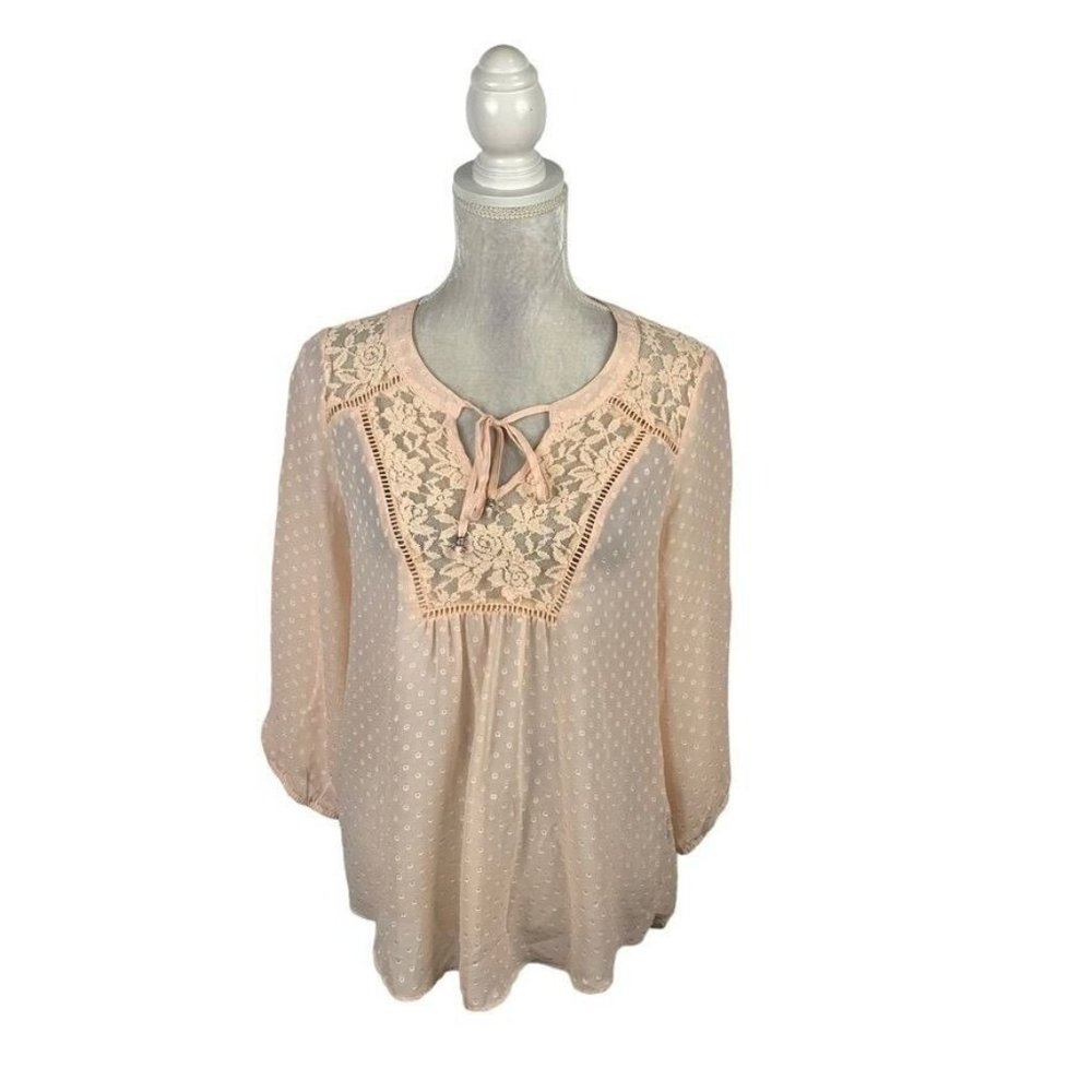 Zac & Rachel Peach Peasant Blouse Swiss Dot Semisheer Lace Tie Neck 3/4 Sleeve M